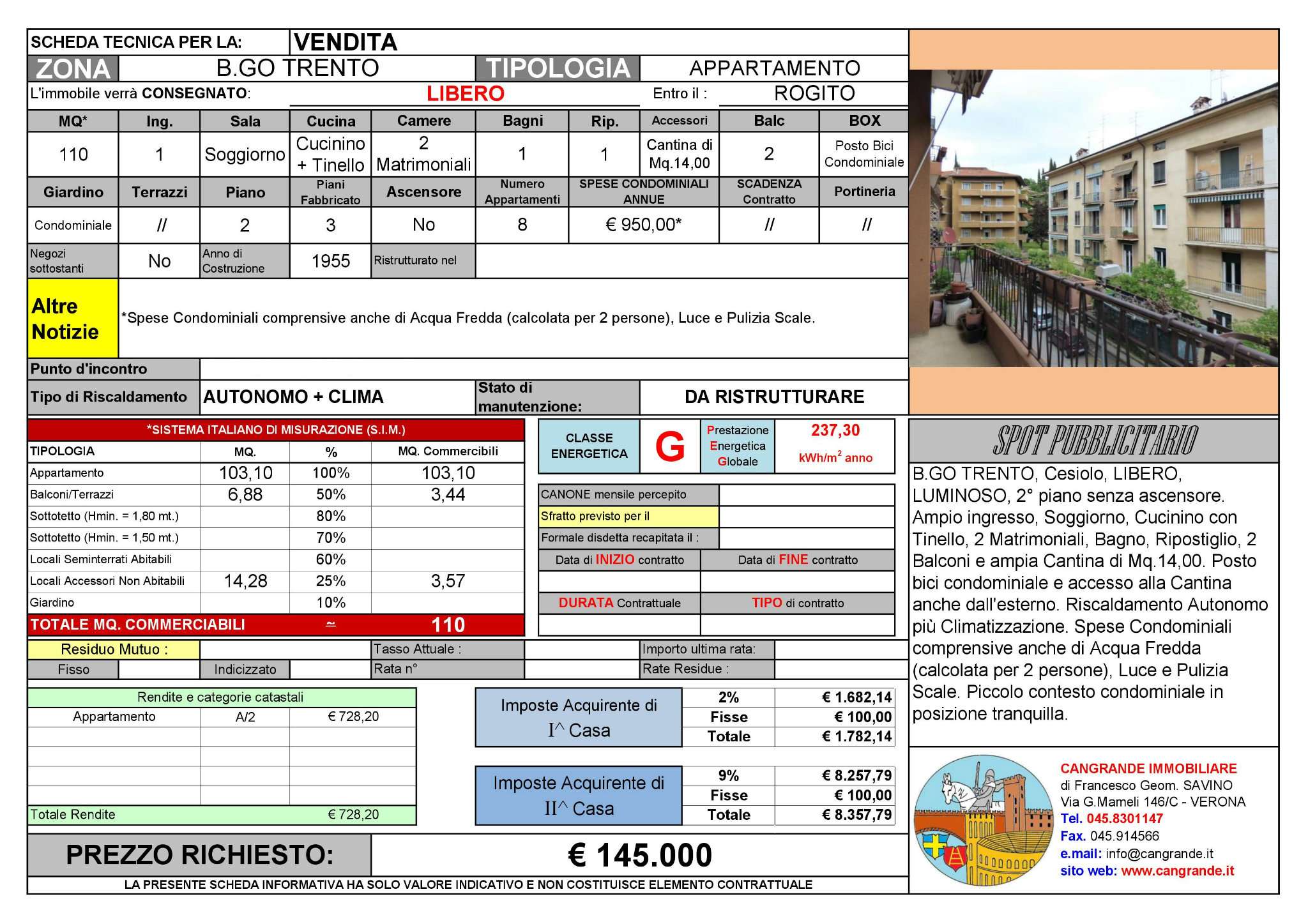 Appartamento VERONA vendita  BORGO TRENTO  Cangrande Immobiliare del geom. Francesco Savino