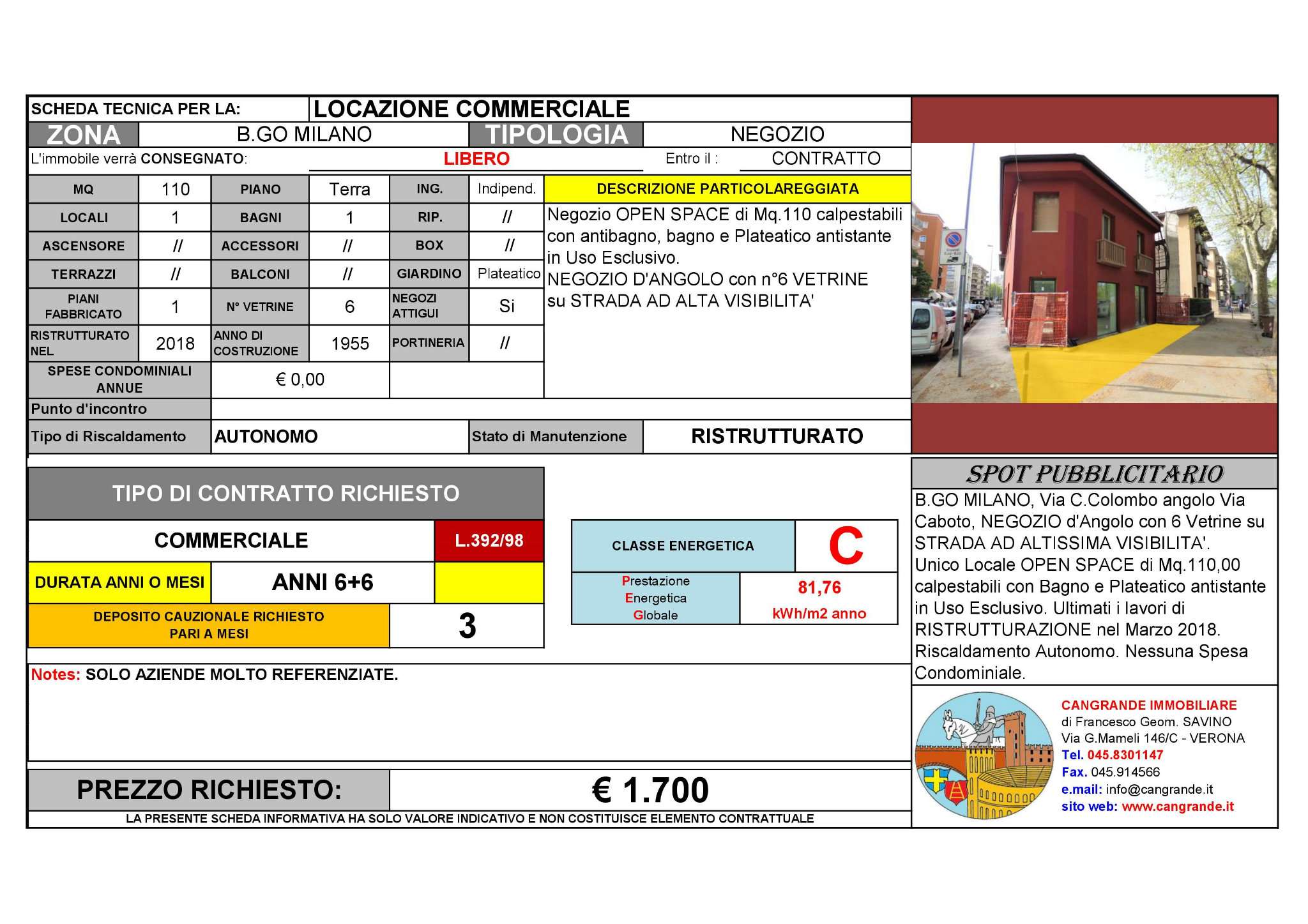 Negozio - Loc.Com. VERONA affitto  BORGO MILANO  Cangrande Immobiliare del geom. Francesco Savino